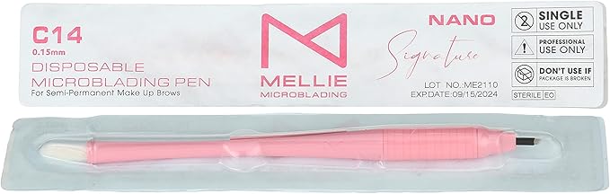 M PACK OF 10 Mellie's Signature Microblading Disposable Pen - Sterilized Blade - Comfortable Rubber Grip With Pigment Sponge (C14 NANO .15mm, Pink)