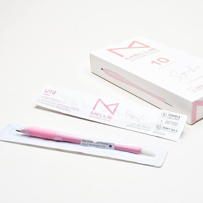 Mellie's Signature Microblading Eyebrow Pen (Pack of 10) - Disposable Pen for Brows - Sterilized Blade, Comfortable Rubber Grip and Pigment Sponge for Flawless Brows (U18 .18mm, Pink)