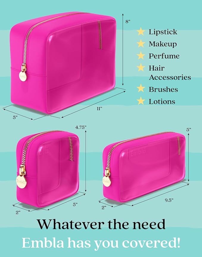 Clear Cosmetic Bags Set of 3, Mini Small Large Makeup Bags For Women Clear Pouch Cosmetics Cases Zipper Cute Pouches Make Up Travel Toiletry Essentials Preppy Purse Organizer Makeup Cases, Fuchsia