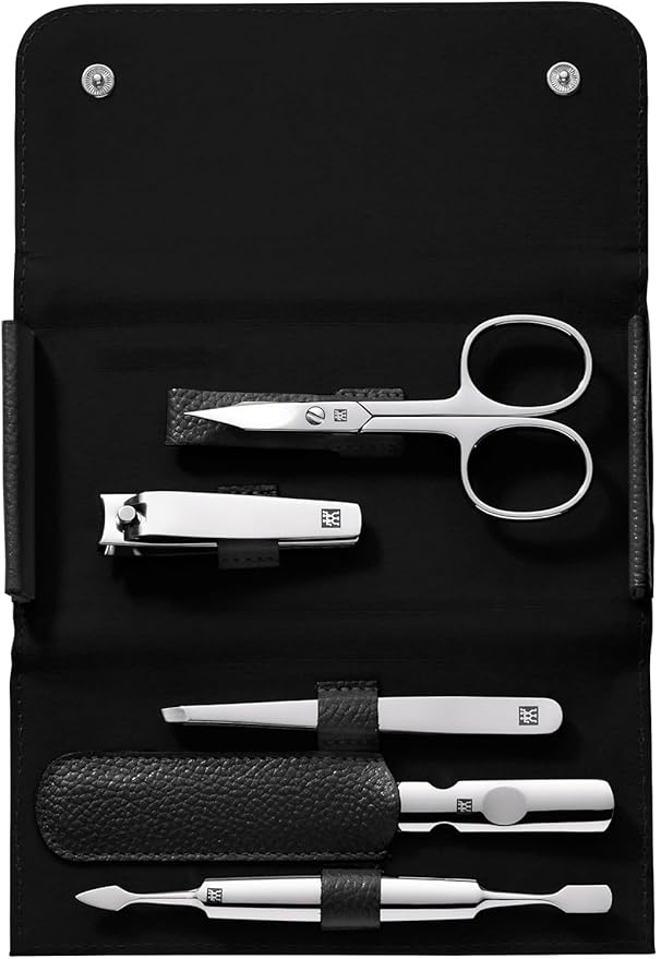 manicure set travel size 5-piece with nail clippers in 100% leather case, black