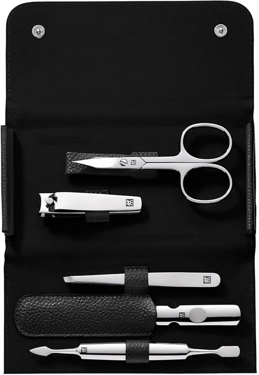 manicure set travel size 5-piece with nail clippers in 100% leather case, black