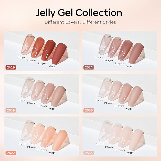 modelones Jelly Gel Nail Polish, 6 Colors Nude Brown Pink Gel Polish Neutral Nail Art Design Translucent Soak Off LED Nail Lamp Manicure Salon DIY Girls Women Gift