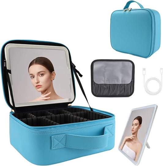 Travel Makeup Bag with LED Lighted Mirror,Cosmetics Organizer, Makeup Bag with 3 Color Lighted Setting, Portable Storage and Adjustable Dividers Travel Makeup Bag(blue)