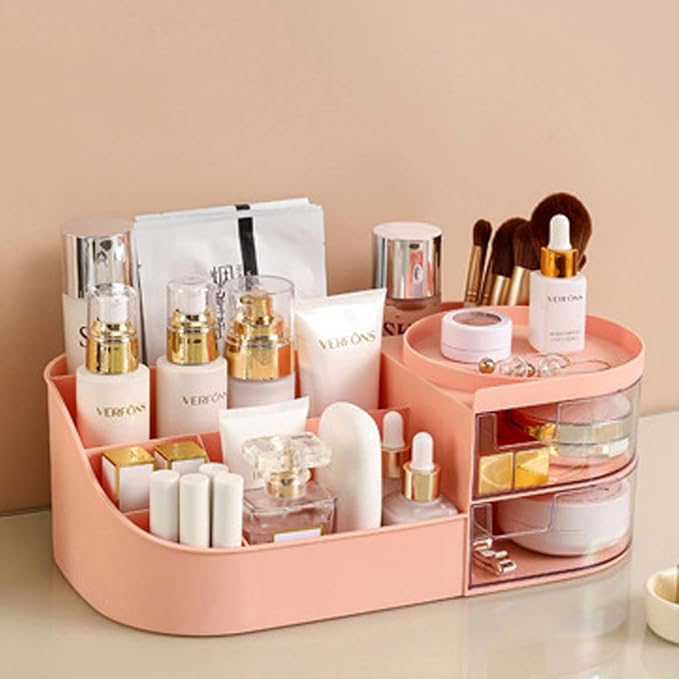 skin care organizer,Makeup Desk Organizer With Drawers,Countertop Organizer for Cosmetics,Vanity brush with Holder for Lipstick, Brushes, Eyeshadow, and Desktop Finishing Dresser (D-pink)