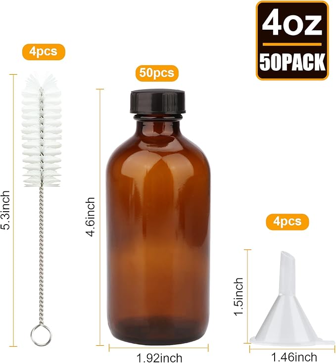 4oz Amber Glass Bottles, Boston Round Glass Bottles (50 Pack) with Leak-proof Caps, Refillable Container for Homemade Vanilla Extract, Essential Oils, Herbal Medicine and More