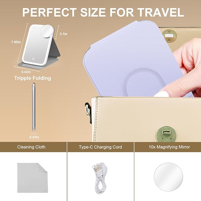 Mocado Travel Makeup Mirro with Lights, 360° Rotation Lighted Makeup Mirror, Portable Mirror with 10x Magnification, 60LEDs 3 Color Lightings, Dimmable Touch Screen, Tabletop Light up Mirror(Purple)