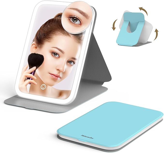Mocado Travel Makeup Mirro with Lights, 360° Rotation Lighted Makeup Mirror, Portable Mirror with 10x Magnification, 60LEDs 3 Color Lightings, Dimmable Touch Screen, Tabletop Light up Mirror(Blue)