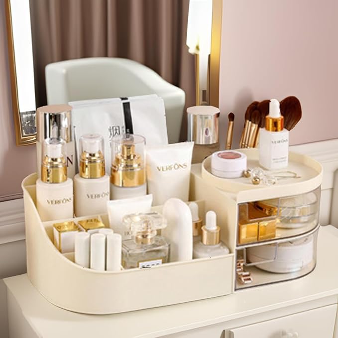 skin care organizer,Makeup Desk Organizer With Drawers,Countertop Organizer for Cosmetics,Vanity brush with Holder for Lipstick, Brushes, Eyeshadow, and Desktop Finishing Dresser (D-polar white)
