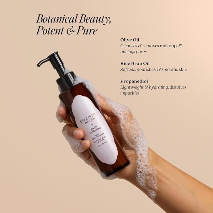 Cosmette Fresh Awakening Daily Cleanser, Face Wash & Makeup Remover With Olive, Sunflower, & Rice Bran Oils, Gentle, Natural Skin Care, Hydrating, Nourishes & Protects Skin, Vegan, 4 FL Oz