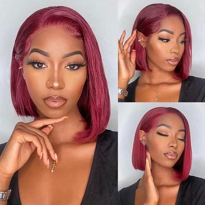 12 Inch 99j Burgundy Lace Front Wigs Human Hair Short Bob Wig Human Hair 13x4 Lace Front Wigs Human Hair Pre Plucked 180% Density Short Straight Bob Wig Natural Hairline Wine Red Wigs for Black Women