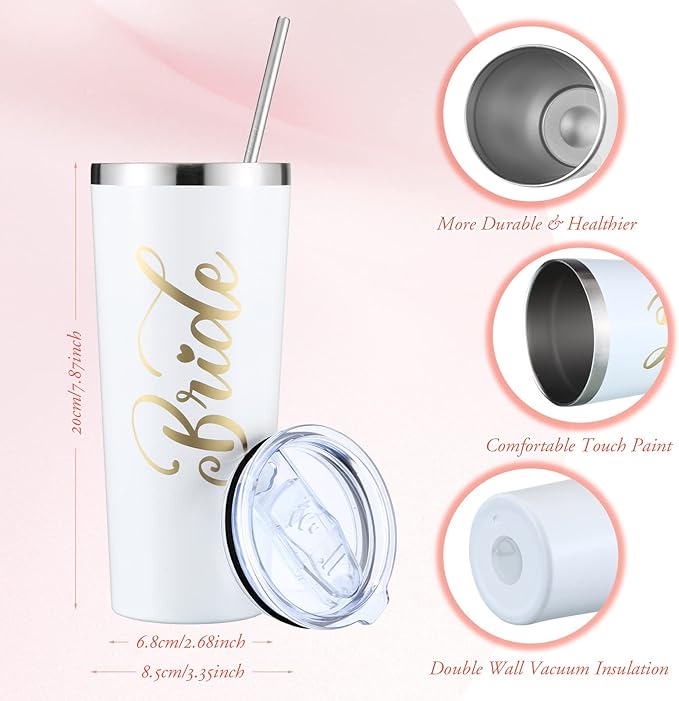 LEIFIDE Bride Tote Bag Bride Gifts Set 5 Pcs Makeup Bag Bride Stainless Tumbler Cup Bride Slippers White Hair Tie Slippers for Bridal Shower Bachelorette Party Wedding Day Gifts for Bride (Classic)