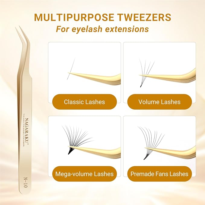 NAGARAKU Tweezers for Eyelash Extensions Curved Lash Tweezers for Volume Lashes Precision Pinzas Professional Easy Fanning Stainless Steel Precise Pointy Make Fans for Lashes Fanning(N-10)