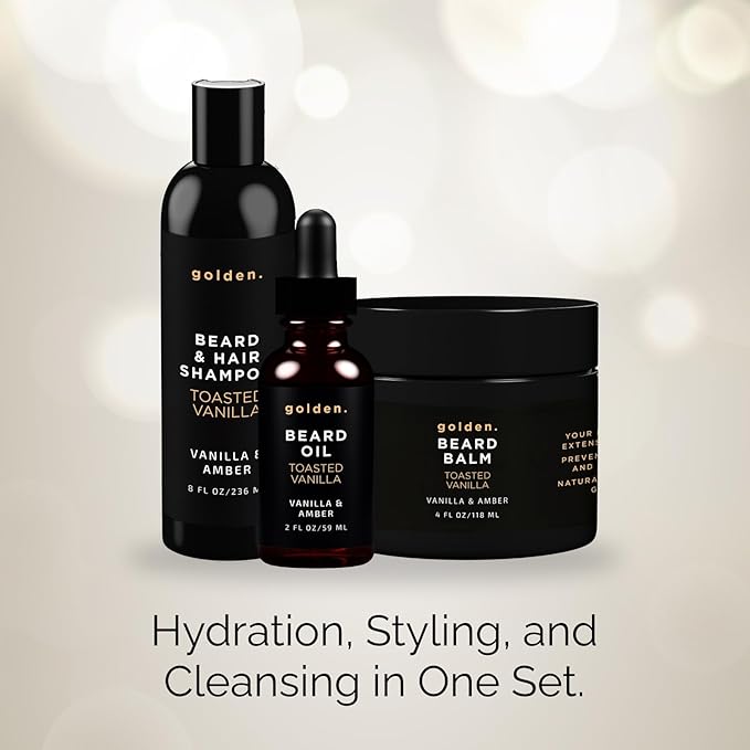 Golden Grooming Co. Everyday Beard Bundle – Complete Beard Care Set | Includes Beard Oil, Balm & Shampoo (XL, Toasted Vanilla)