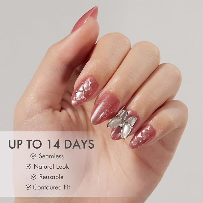 VSALON Short Almond Press-On Nails - Pink Cat Eye 3D Chrome Design, Reusable Fake Nails with Nail Glue, Protector Cuticle Oil, Easy Tabs & Mini Nail File - 32 PCS in 16 Sizes (Belle Ailes)