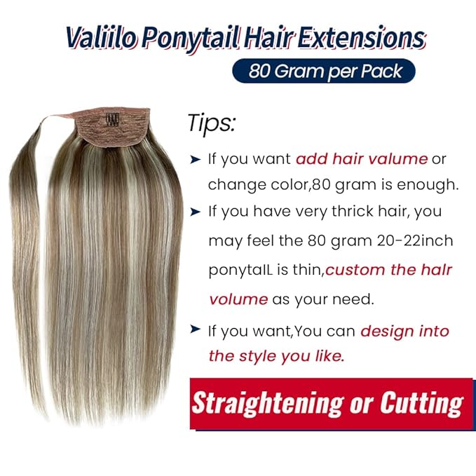 Ponytail Extension Human Hair Blonde Highlights Ponytail Pony Hair Pieces Clip in Wrap Around Pony Remy Hair Extensions for Women 20 Inch 80G #8P60
