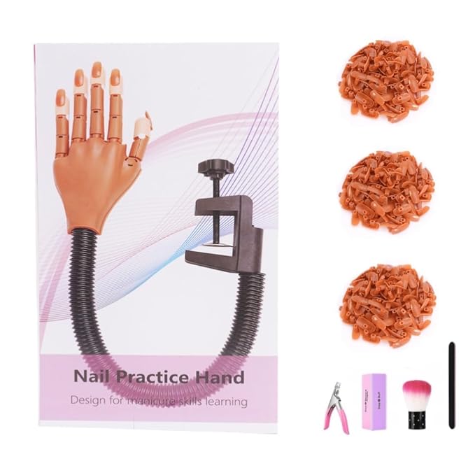 Practice Hand For Acrylic Nails Adjustable Flexible Nail Practice Hands Training Movable Nail Manicure Hand with 300 Brown Nail Tips and 1pc File 1pc Brush 1 pc Nail Buffer and 1 pc Clipper