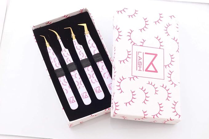 M LASH Tweezers for Eyelash Extensions (Set of 4) - Professional Lash Extension Tweezers - Fiber Tip, Japanese Steel, Diamond Grip Eyelash Extension Tweezer (F-SET)