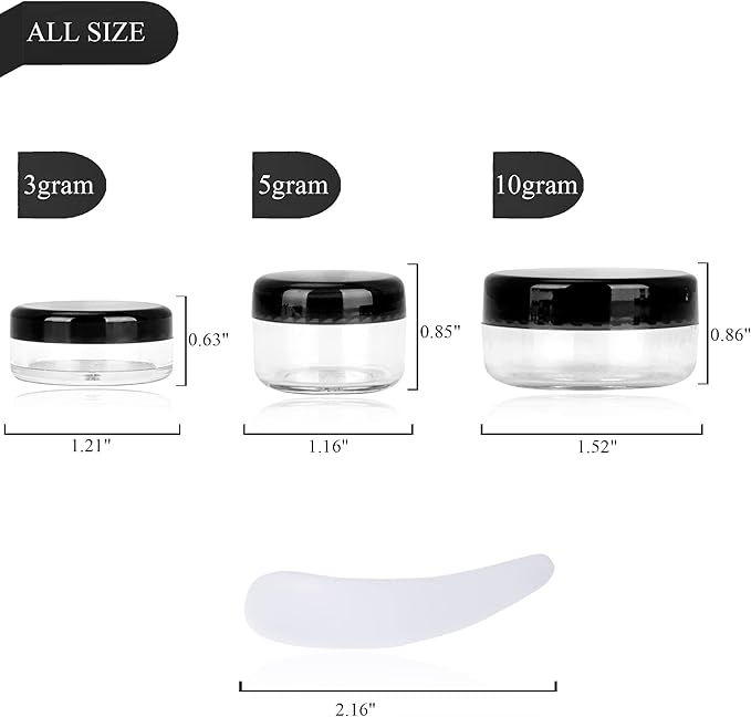 200PCS 3 Gram Sample Containers, 3ml Empty Jars with Lids, Small Cosmetic Containers, Mini Sample Jars with 16PCS Mini Spatulas for Make Up, Oils, Lotion, Powder, Paint, Jewelry, Lip Balms(Black Lid)