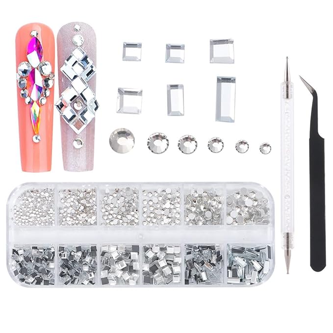 1000Pcs 12Gird Box Multi Size AB/Colorful Irregular Rhinestones Flatback Crystal Diamond Gems, with Pick Up Tweezers and Picker Dotting Pen for Nails, Makeup