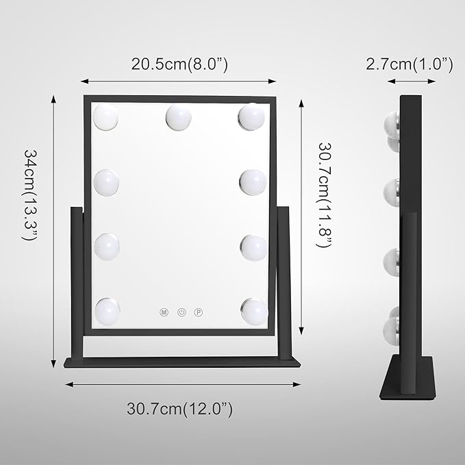 10" x 12" Vanity Mirror with Lights, 360°Rotation Tabletop Makeup Mirror with 9 LED Lights Bulbs, Portable Travel Mirror with 3 Color Lighting Modes, Mirror with Lights for Bedroom, Black