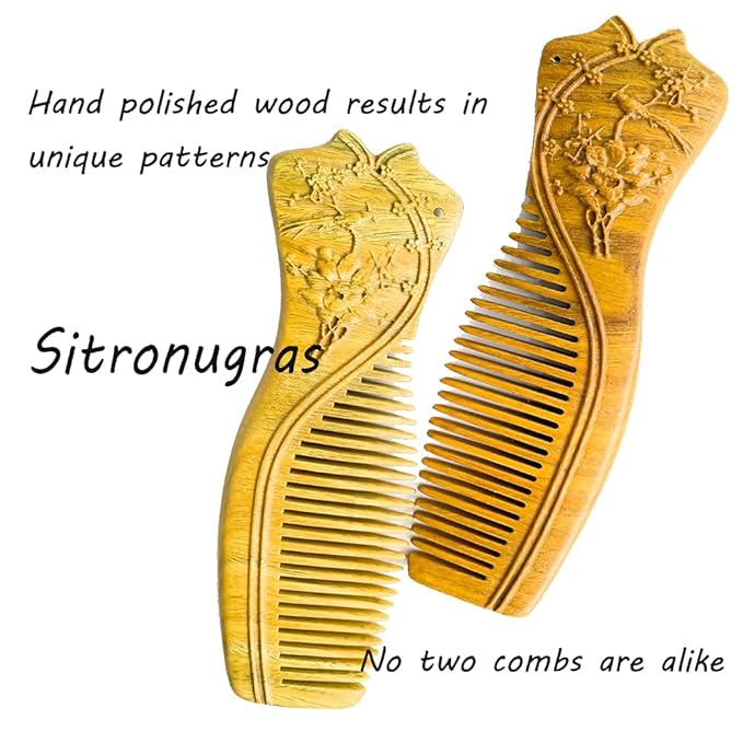 Handmade Carved Green Sandalwood Hair Comb, Fine Tooth Wooden Comb，Anti-Static No Snag Wood Combs for Women Kids,Oriental Gift for women with gift box (Cheongsam)