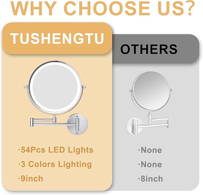 9 Inch Large Rechargeable Lighted Makeup Vanity Mirror Wall Mounted, 1X/10X Magnifying Mirror with Light for Bathroom 3000mAh USB Charging, Chrome Wall Mounted Mirror Swing Arm with 3 Light for Makeup