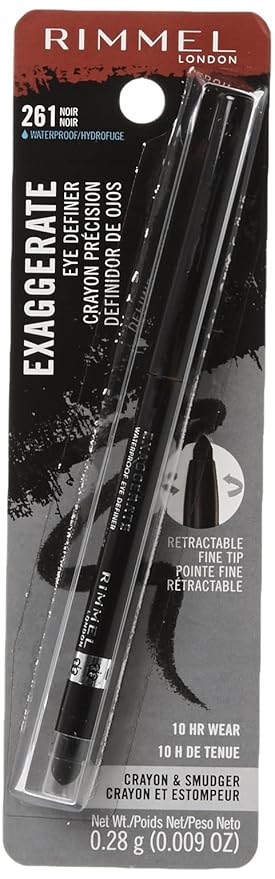 Rimmel London Exaggerate Waterproof Eye Definer Eyeliner, Highly Pigmented, Long-Wearing, Built-In Smudger, 261, Noir, 0.01oz
