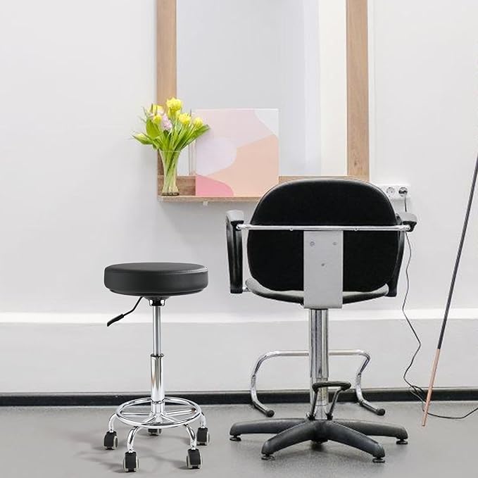 Adjustable Rolling Stool with Wheels - Ergonomic Salon & Tattoo Artist Chair, Office Stool with Comfortable PU Leather Seat,Black