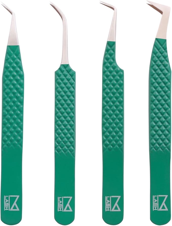 M LASH Tweezers for Eyelash Extensions (Set of 4) - Professional Lash Extension Tweezers - Fiber Tip, Japanese Steel, Diamond Grip Eyelash Extension Tweezer (Verdigris)