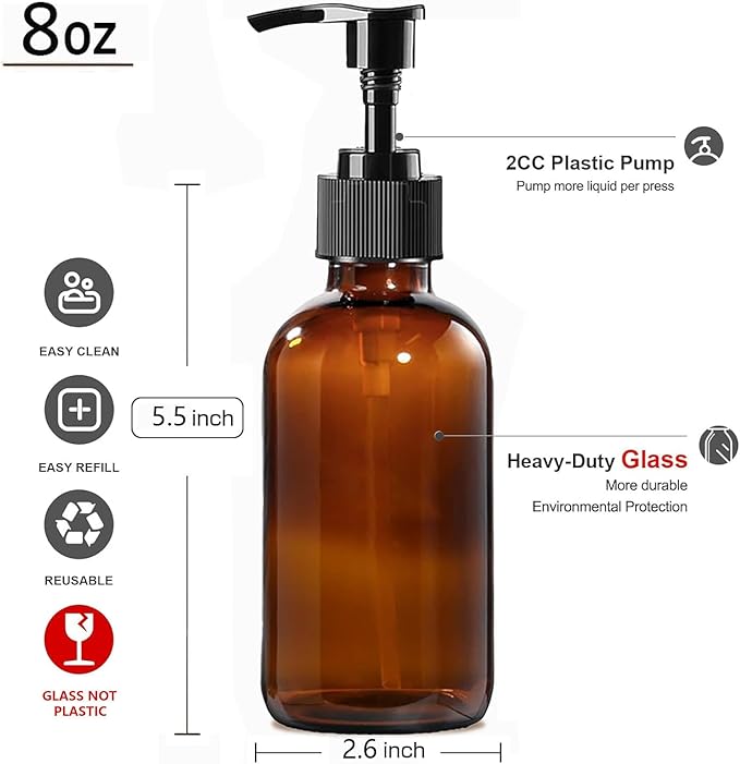 4 Pack 8 oz Amber Glass Pump Bottles, Boston Round Bottles with Pumps for Lotion, Soap, Massage Oils, Refillable Containers with Caps
