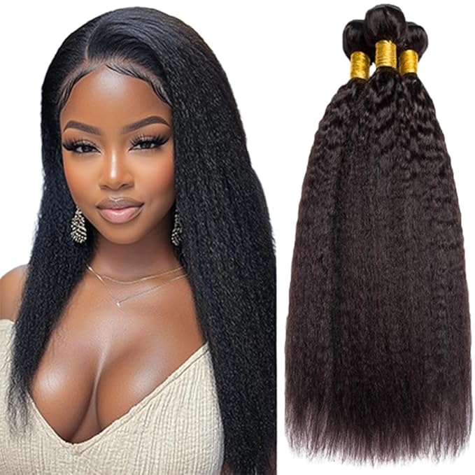 Natural Color Human Hair Kinky Straight Bundles Brazilian Human Hair Extensions Soft and Silky for Women Yaki Straight 12 14 16 Inch