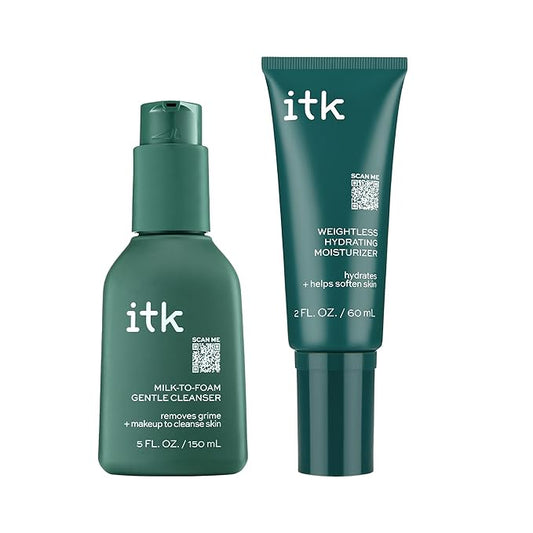 ITK Skincare Cleanser + Moisturizer Set - Milk-To-Foam Face Wash Cleanser + Weightless Hydrating Moisturizer for Smooth and Nourished Skin - Helps Remove Makeup + Hydrate Skin - Skincare Gift Set