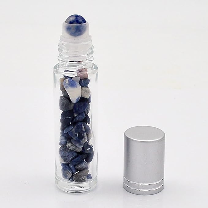 Essential Oil Roller Bottle 10ml w EVA Carrying Travel Case（Clear Glass Bottle with silver Cap、10pack、Gemstone Roller Balls、Crystal Chips Inside、Opener Gemstone Roller Ball Bottles