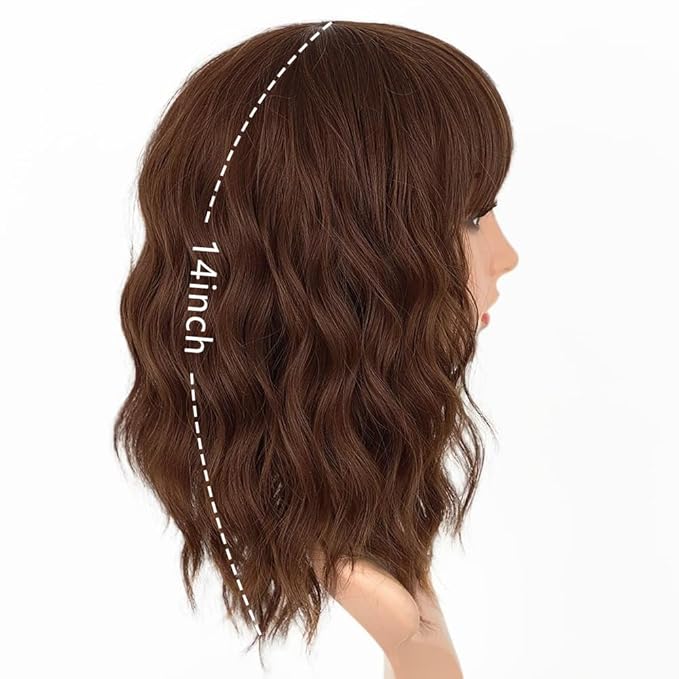 AISI HAIR Synthetic Wavy Curly Bob Wig with Bangs Ash Auburn Short Wavy Hair for Women Synthetic Heat Resistant Bob Wigs