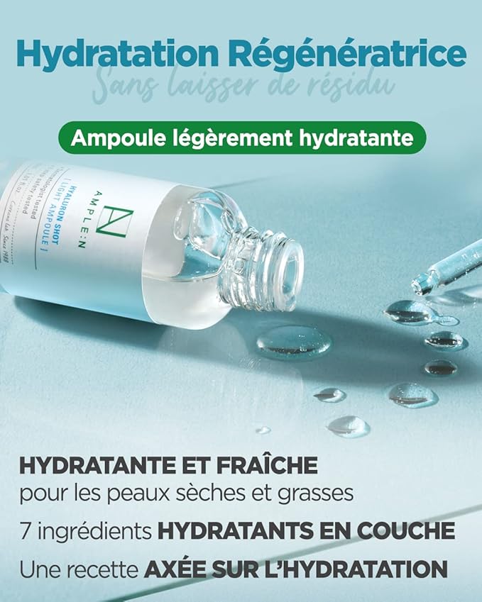 AMPLE:N Hyaluron Shot Light Serum - Korean Hyaluronic Acid Moisturizing Serum - Hydrate Oily and Combination Skin and Restore Vitality – Plumping, Refreshing, Anti Aging Ampoule, 1.01 fl.oz.