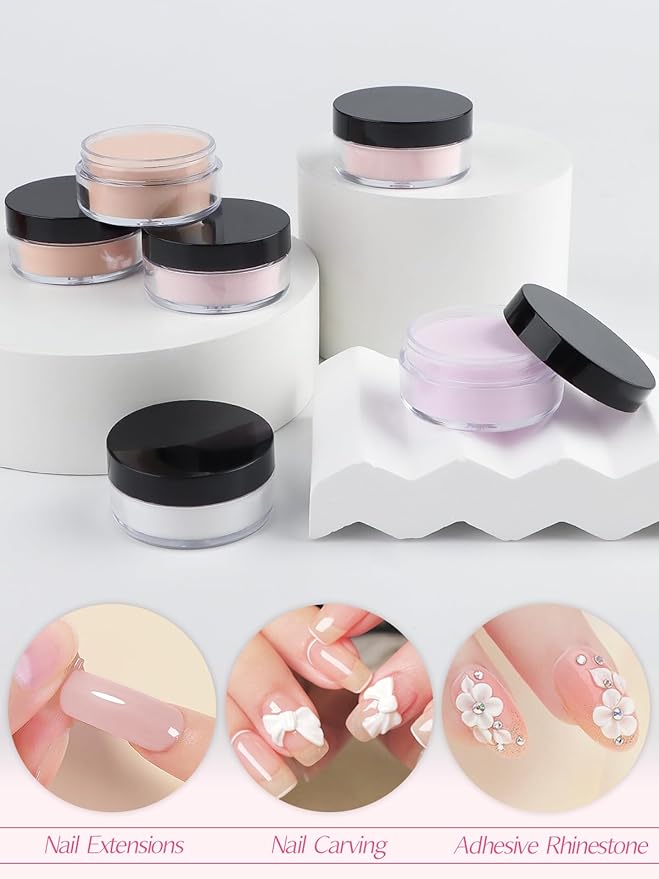 EBANKU Nude Pink Acrylic Powder Set, 6 Colors Jelly Pink, White, Nude - 6 * 10g/0.35oz for Nail Extension, Carving, French Nail
