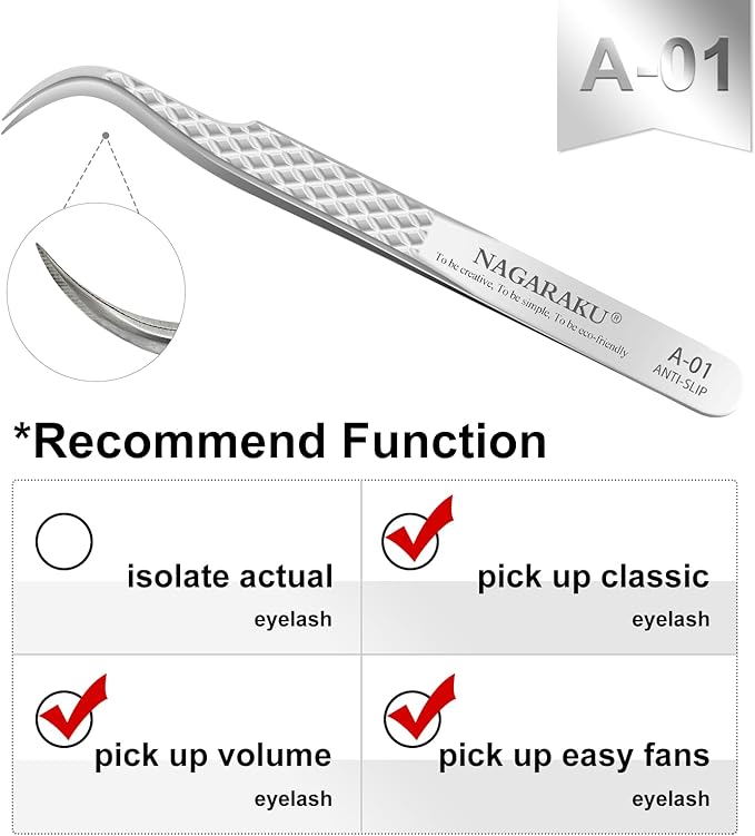 NAGARAKU Eyelash Extension Tweezers Diamond Grip with Pattern on tip Precision Durable Curved Professional for Classic Lash Fanning Volume (A-01)