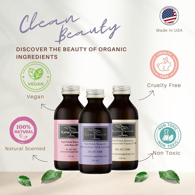 Karma Organic Nail Polish Remover Bundle - Includes Natural Lavender, Rose Oil, and Unscented Nail Polish Remover (4FL-Oz) (Multipack)