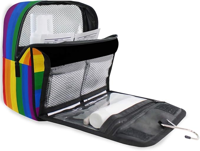 YVONAU Hanging Toiletry Bag Rainbow Pride Flag Stripe Portable Travel Cosmetic Makeup Bag Bathroom Shower Shaving Kit Organizer Bag for Men Women