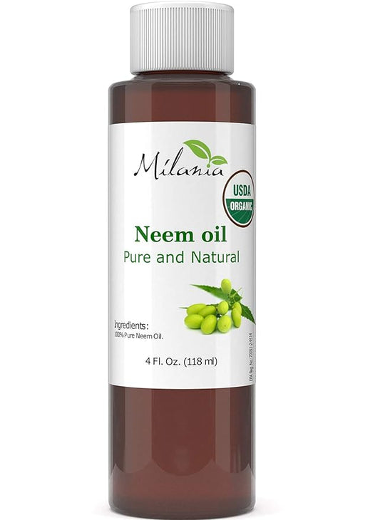 MILANIA Premium Organic Neem Oil Virgin, Cold Pressed, Unrefined 100% Pure Natural Grade A. Excellent Quality.(4 Fl. Oz.)