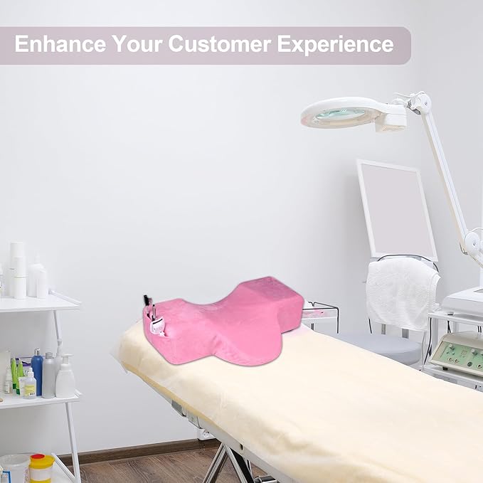 IMENE Lash Pillow for Lash Extensions- Memory Foam Lash Pillow with Neck and Back Support, Ergonomic lash Bed Pillow with Velvet Pillowcase and Lash Organizer Pockets (Pink)