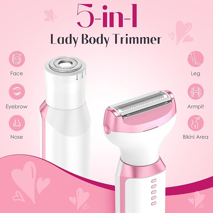 Electric Razors for Women Legs, 5 in1 Electric Shaver for Women, Bikini Trimmer with LED Display, Rechargeble Facial and Body Hair Remover for Face Nose Eyebrow Arms Armpit Legs Pubic Area (Pink)