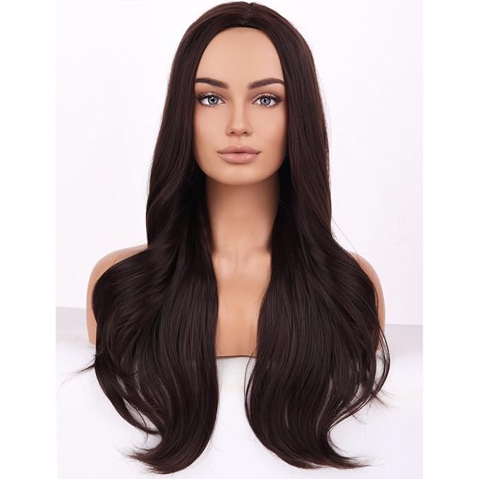 BERON Brown Wigs Long Wavy Wig for Women Girls Dark Color Heat Resistant Synthetic Hair Wigs for Cosplay Party Daily or Use