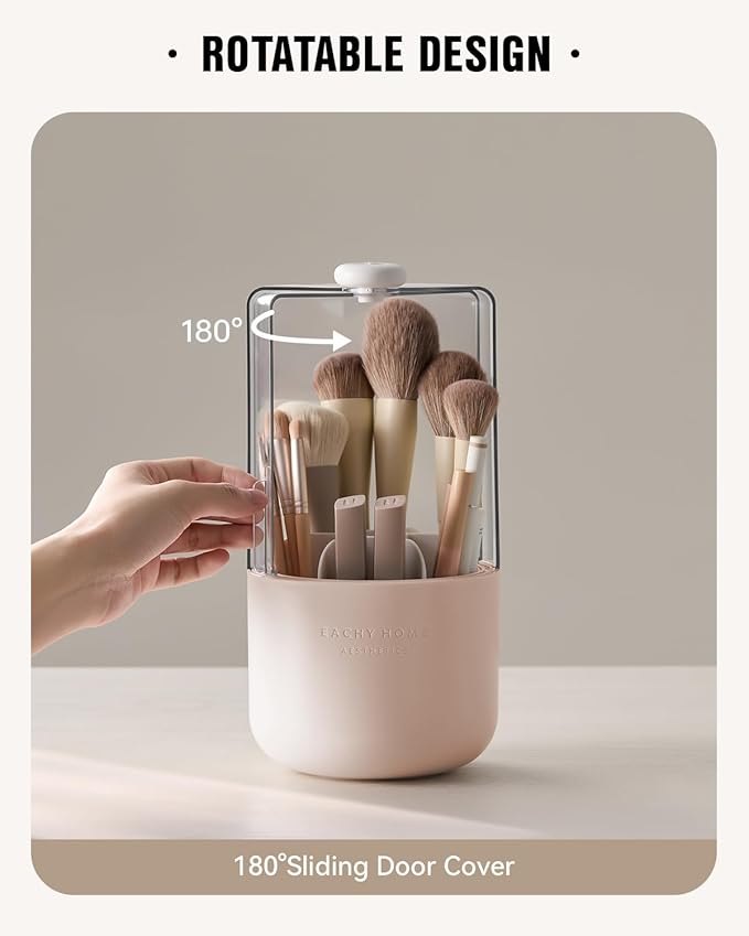 EACHY Makeup Brush Holder 360° Rotating with Dustproof Lid, Waterproof Material, 7 Compartments for Organized Storage, Stylish and Durable Design for Vanity or Bathroom (Pink)