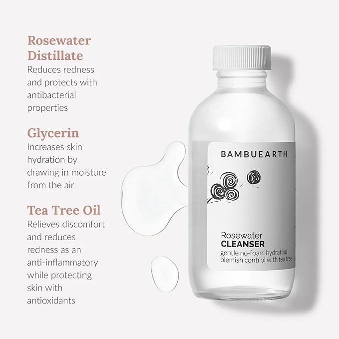 BambuEarth Rosewater Face Cleanser (4 oz) - Helps Hydrate, Balance, and Soothe - Non-Foaming, Vegan, Alcohol-Free Cleanser with Organic Rosewater to Support Skin's Barrier