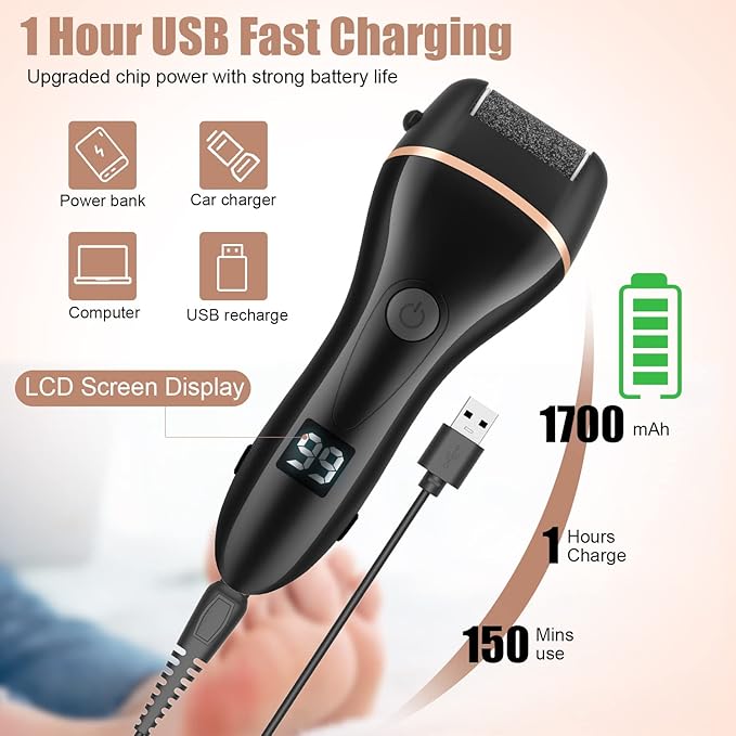 AdamPark Electric Foot File Callus Remover for Feet, Rechargeable Pedicure Kit Foot Care with 3 Speed, Callus Remover Kit with 3 Roller Heads, Battery LCD Display for Remove Cracked Heels Calluses