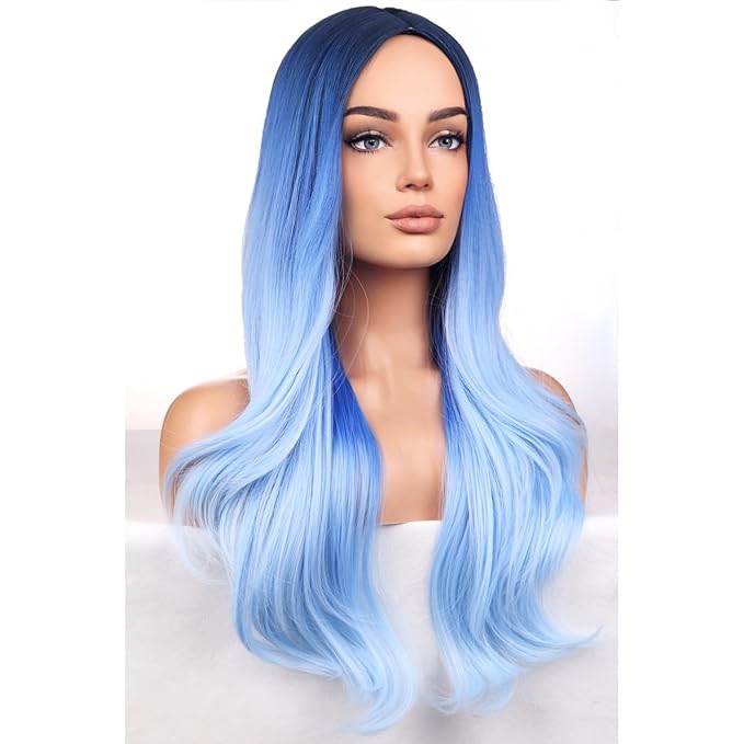 BERON Blue Wigs Long Wavy Wig for Women Girls Blue Ombre Colored Heat Resistant Synthetic Hair Wigs for Cosplay Party Daily or Use
