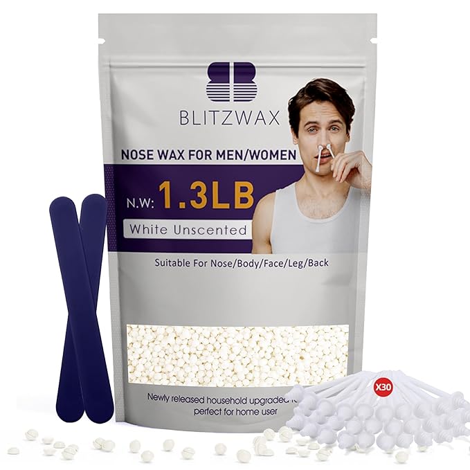 BLITZWAX Hair Removal Hard Wax Beads Unscented 1.3lb Waxing Beans Kit with 30 Nose Waxing Sticks for Sensitive Skin, Face, Back, Body, Brazilian and Coarse Hair, Home Wax Pearls for Men Women, White