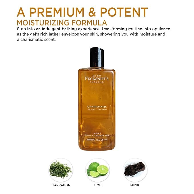 Pecksniff's Men's Luxurious Moisturizing Bath & Shower Gel | Premium Cleansing Men's Body Wash | Captivating Fougere Accord Mens Shower Gel | Charismatic Scent | 500ml