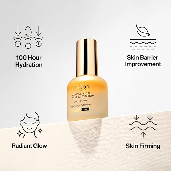 d'alba Piedmont Italian White Truffle Double Layer Revitalizing Serum, 100hr Hydration, Hyaluronic Acid and Centella Asiatica, Skin Firming and Tightening, Long-lasting Korean Skin Care (1.01 fl.oz)
